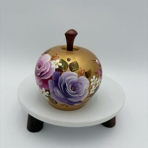 Hand-Painted Wooden Apple Trinket Dish Gold Shimmer‎